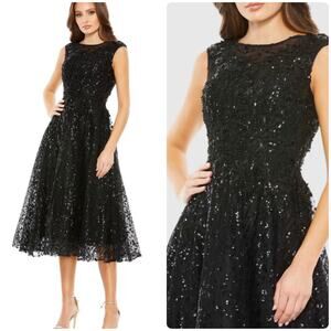 Mac Duggal A20398 Sequin Fit & Flare Midi Dress Black Size 10 NWT